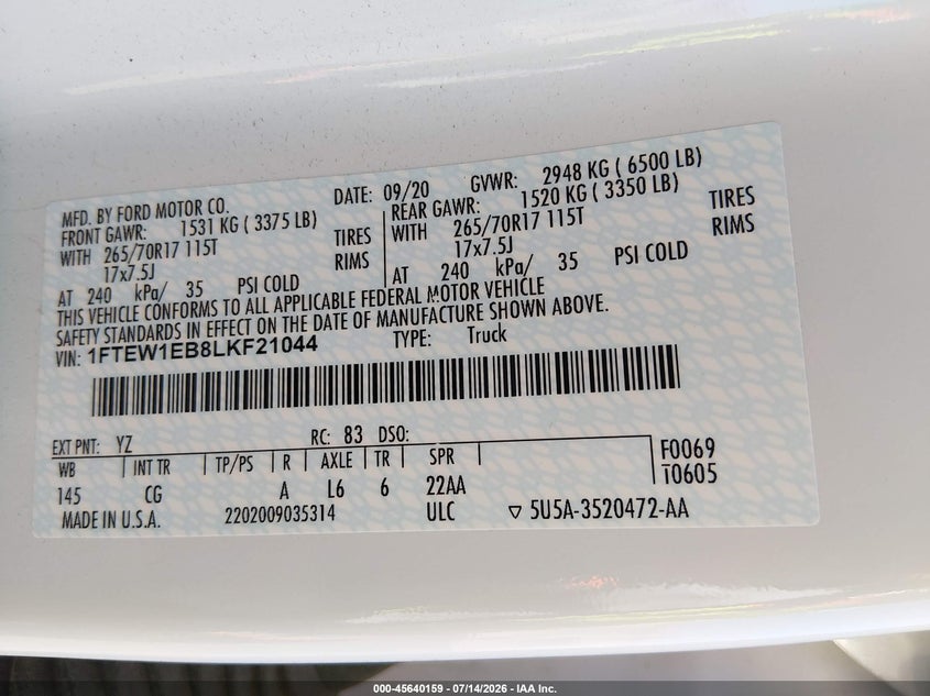 2020 Ford F-150 Xl VIN: 1FTEW1EB8LKF21044 Lot: 45640159
