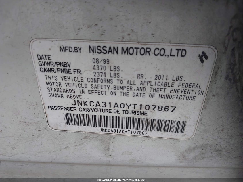 2000 Infiniti I30 Luxury/Touring VIN: JNKCA31A0YT107867 Lot: 45640173
