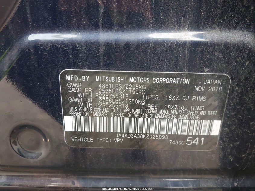 2019 Mitsubishi Outlander Le VIN: JA4AD3A38KZ025093 Lot: 45640175