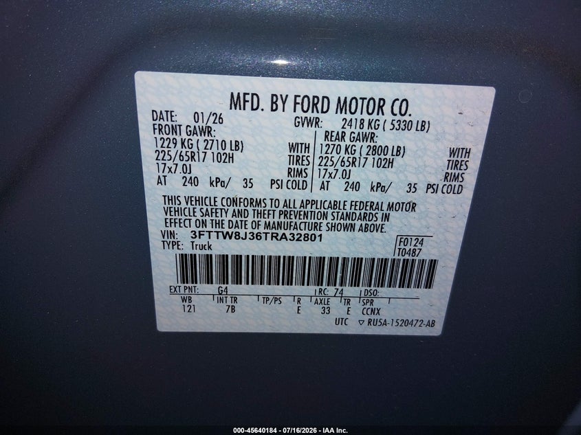 2026 Ford Maverick Xlt VIN: 3FTTW8J36TRA32801 Lot: 45640184