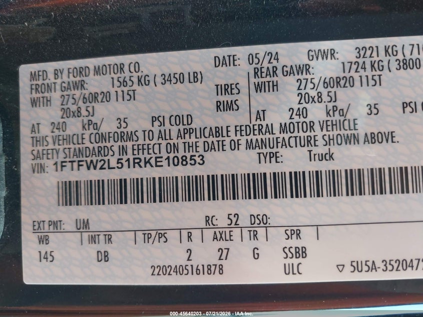 2024 Ford F-150 Stx VIN: 1FTFW2L51RKE10853 Lot: 45640203
