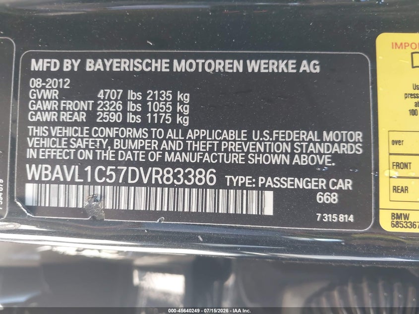 2013 BMW X1 xDrive28I VIN: WBAVL1C57DVR83386 Lot: 45640249
