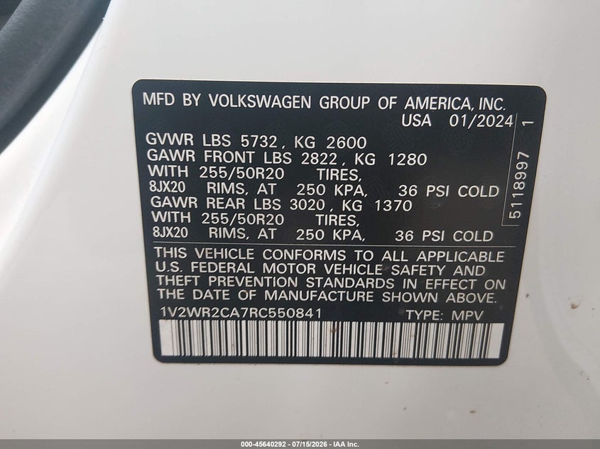 2024 Volkswagen Atlas 2.0T Se W/Technology VIN: 1V2WR2CA7RC550841 Lot: 45640292