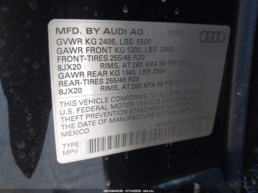 2025 Audi All-New Q5 Premium Plus Tfsi Quattro S Tronic VIN: WA12AAGU0S2095813 Lot: 45640295