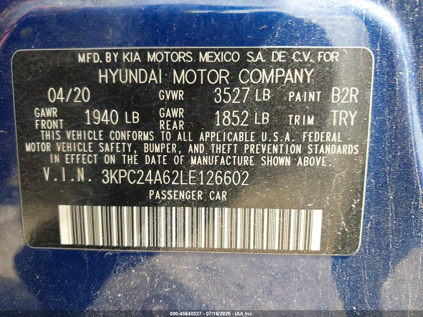 2020 Hyundai Accent Se VIN: 3KPC24A62LE126602 Lot: 45640327