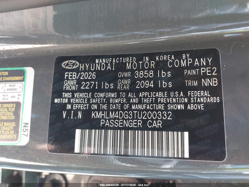 HYUNDAI ELANTRA 2026 VIN KMHLM4DG3TU200332