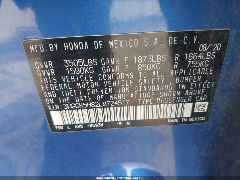 2020 Honda Fit Ex VIN: 3HGGK5H82LM724517 Lot: 45640334