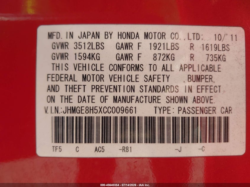 2012 Honda Fit Sport VIN: JHMGE8H5XCC009661 Lot: 45640354