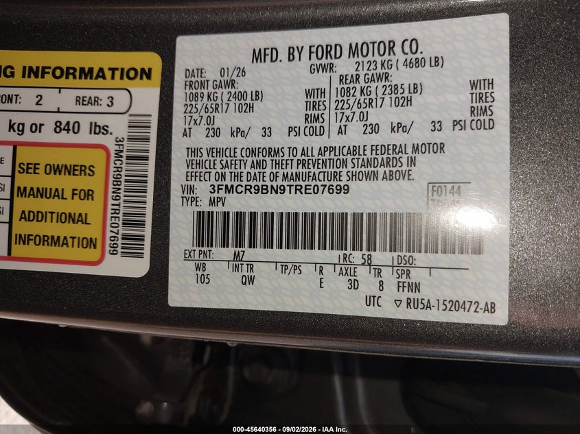 FORD BRONCO SPORT 2026 VIN 3FMCR9BN9TRE07699