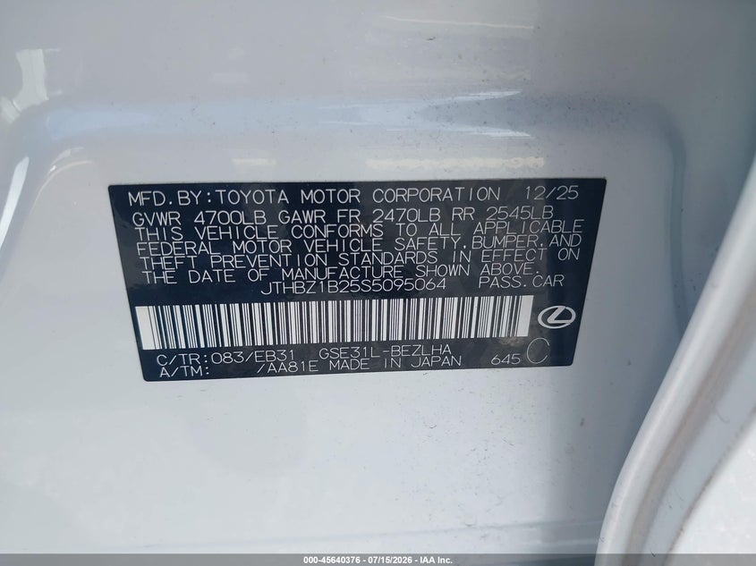 LEXUS IS 350 2025 VIN JTHBZ1B25S5095064