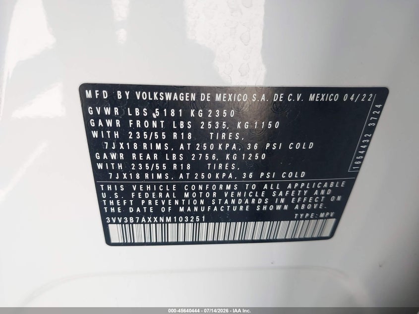 2022 Volkswagen Tiguan 2.0T Se VIN: 3VV3B7AXXNM103251 Lot: 45640444