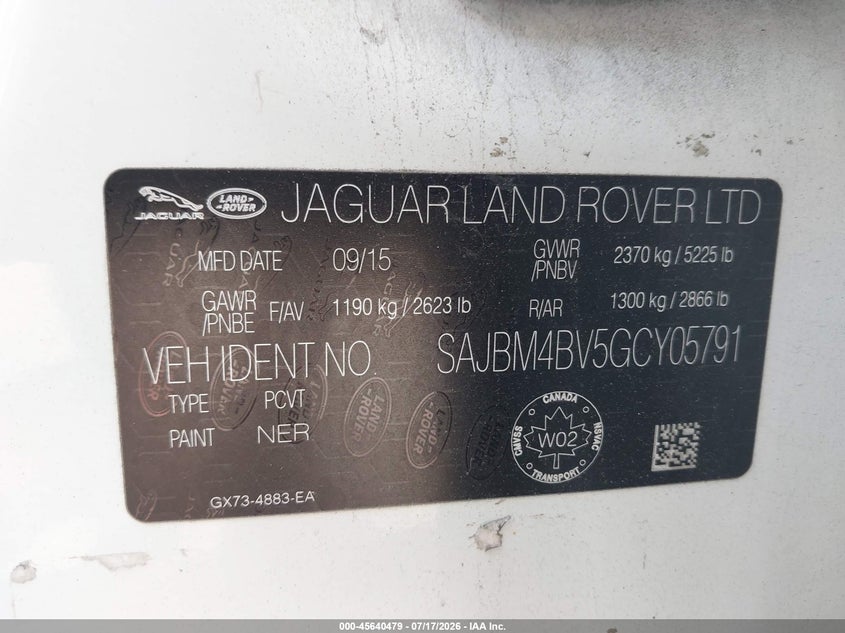 2016 Jaguar Xf S VIN: SAJBM4BV5GCY05791 Lot: 45640479