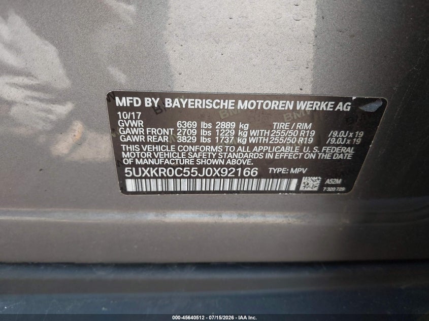 2018 BMW X5 xDrive35I VIN: 5UXKR0C55J0X92166 Lot: 45640512
