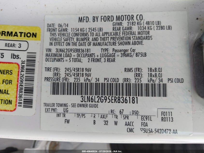 2014 Lincoln Mkz VIN: 3LN6L2G95ER836181 Lot: 45640524