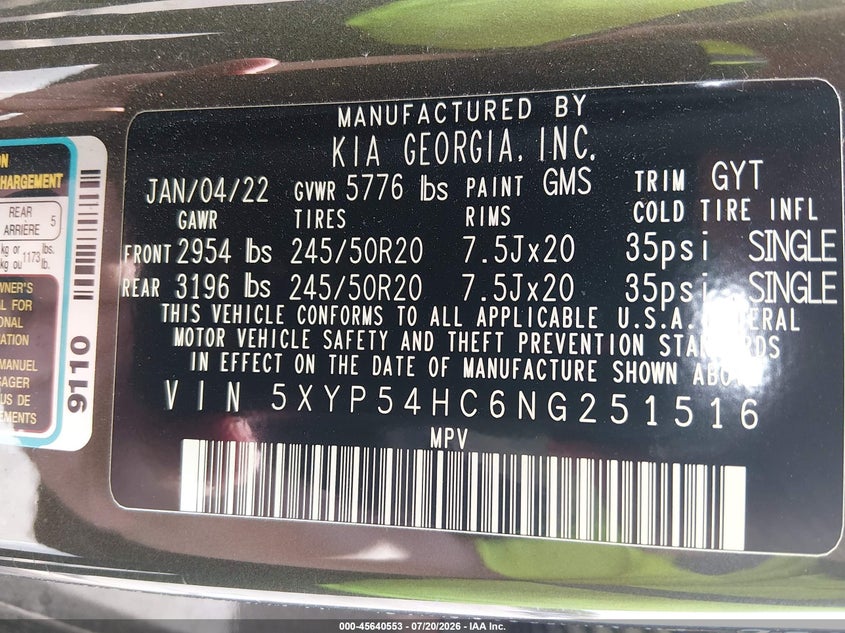 2022 Kia Telluride Sx VIN: 5XYP54HC6NG251516 Lot: 45640553