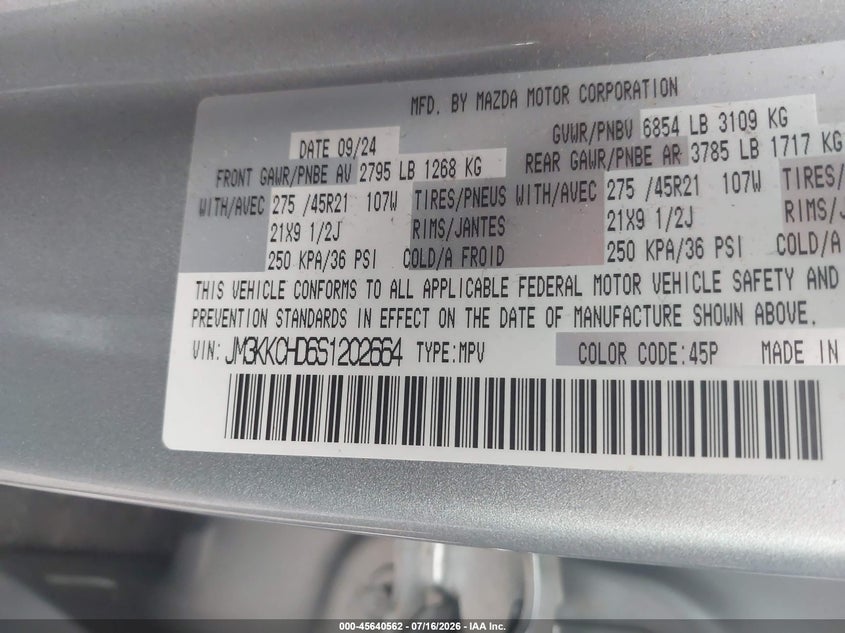 2025 Mazda Cx-90 3.3 Turbo Premium Sport VIN: JM3KKCHD6S1202664 Lot: 45640562