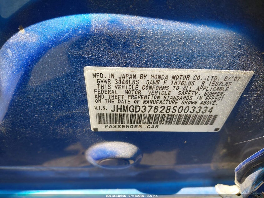 2008 Honda Fit Sport VIN: JHMGD37628S003334 Lot: 45640566