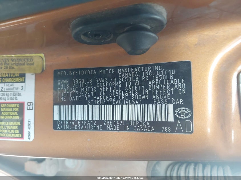 2010 Toyota Matrix VIN: 2T1KU4EE0AC340541 Lot: 45640607
