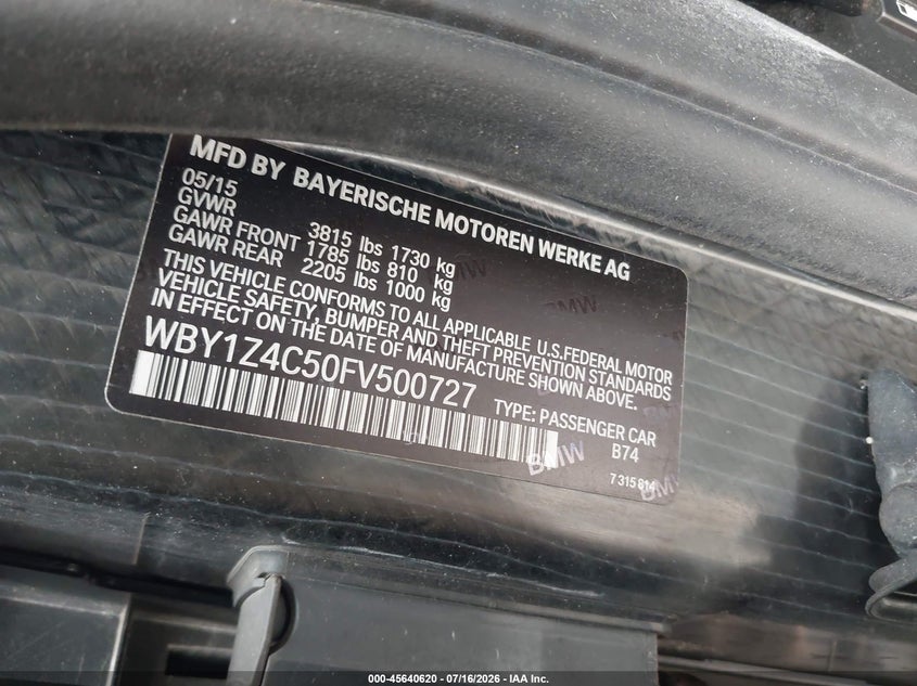 2015 BMW I3 Base W/Range Extender VIN: WBY1Z4C50FV500727 Lot: 45640620