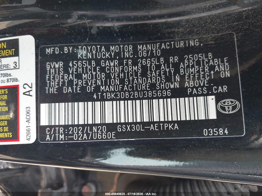 2011 Toyota Avalon Limited VIN: 4T1BK3DB2BU385696 Lot: 45640625