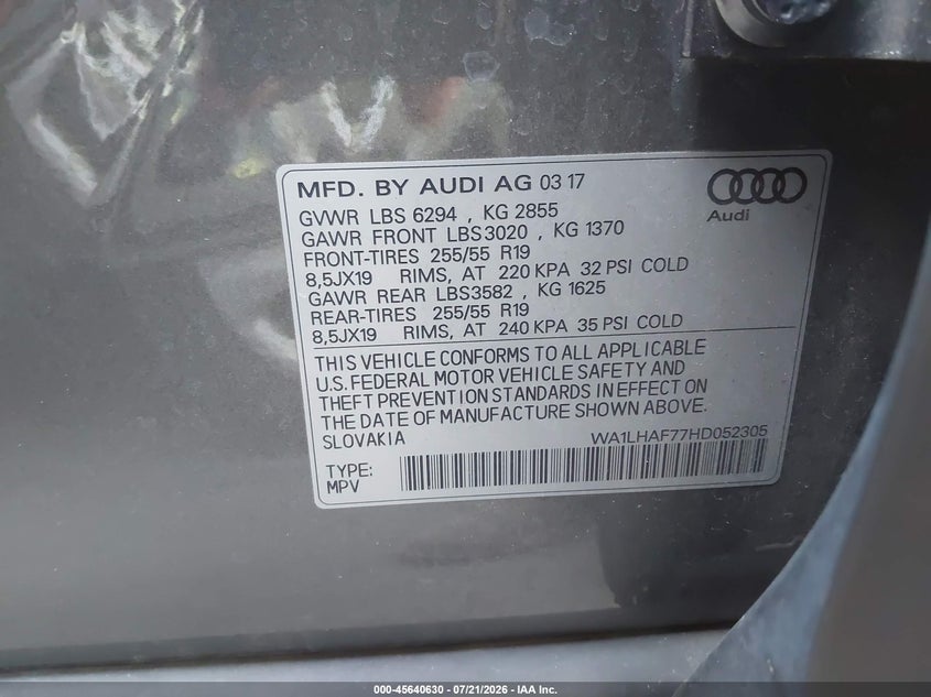 2017 Audi Q7 2.0T Premium VIN: WA1LHAF77HD052305 Lot: 45640630