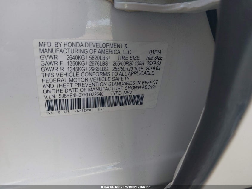 2024 Acura Mdx A-Spec VIN: 5J8YE1H07RL022640 Lot: 45640638