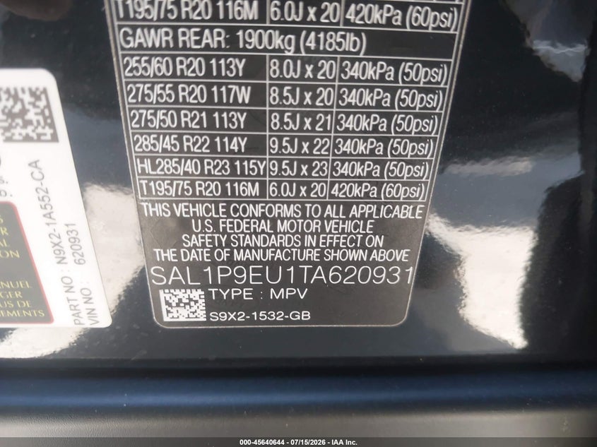 2026 Land Rover Range Rover Sport P360 Se VIN: SAL1P9EU1TA620931 Lot: 45640644