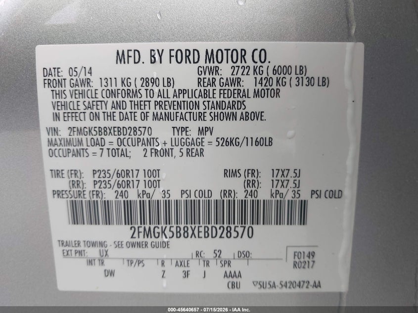 2014 Ford Flex Se VIN: 2FMGK5B8XEBD28570 Lot: 45640657