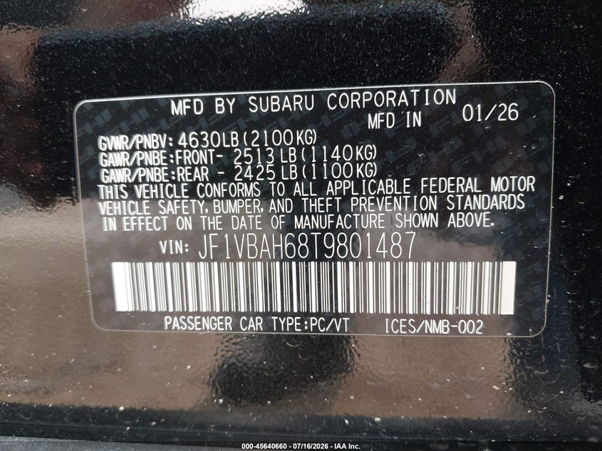 2026 Subaru Wrx Premium VIN: JF1VBAH68T9801487 Lot: 45640660