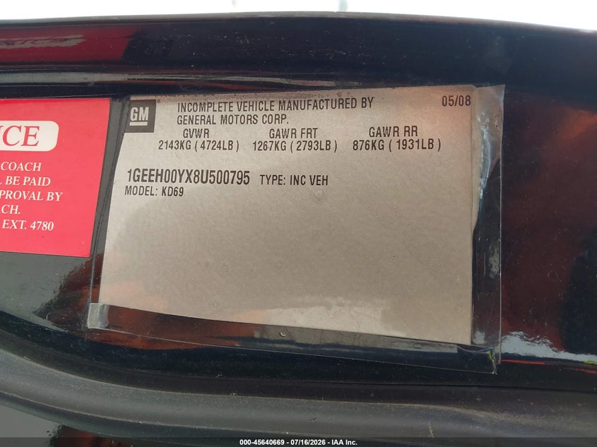 2008 Cadillac Dts Professional 1Sh VIN: 1GEEH00YX8U500795 Lot: 45640669