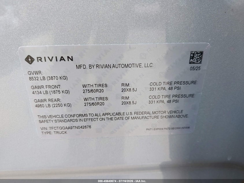 2026 Rivian R1T Dual Motor Standard Pack VIN: 7FCTGGAA9TN042676 Lot: 45640674