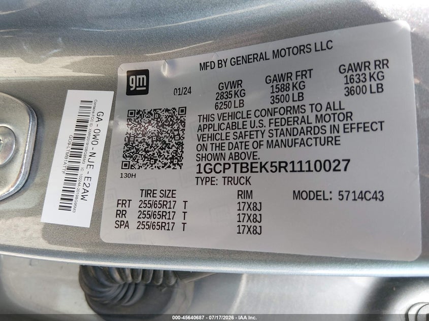 2024 Chevrolet Colorado 4Wd Wt VIN: 1GCPTBEK5R1110027 Lot: 45640687