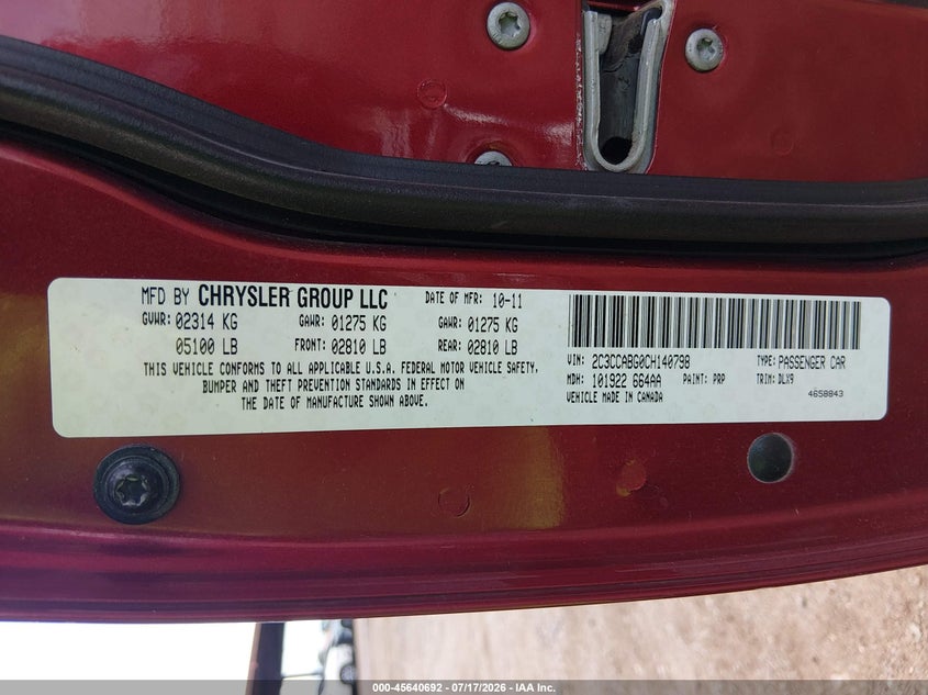 2012 Chrysler 300 S V6 VIN: 2C3CCABG0CH140798 Lot: 45640692