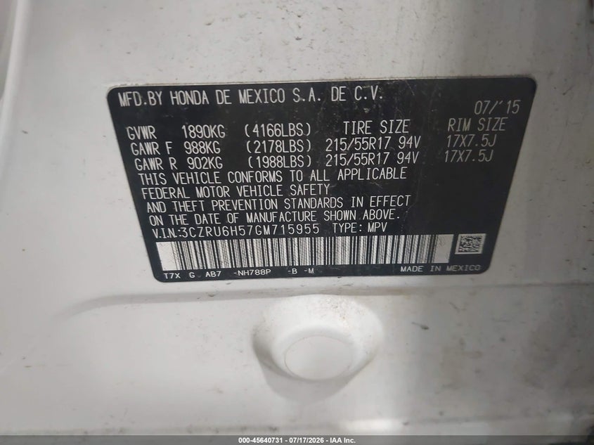 2016 Honda Hr-V Ex VIN: 3CZRU6H57GM715955 Lot: 45640731