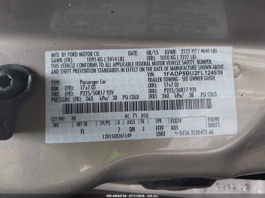 2015 Ford C-Max Hybrid Sel VIN: 1FADP5BU2FL124939 Lot: 45640749