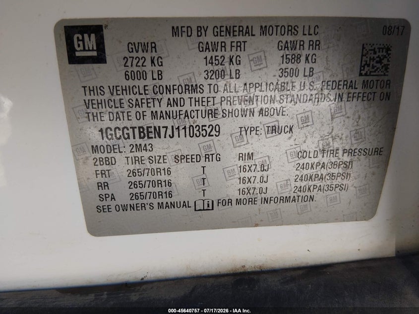 2018 Chevrolet Colorado Wt VIN: 1GCGTBEN7J1103529 Lot: 45640757