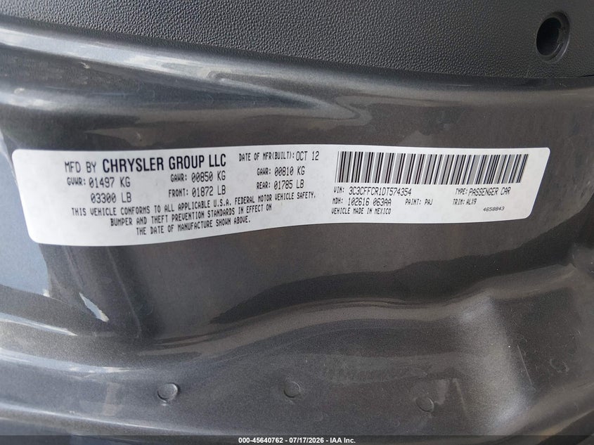 2013 Fiat 500 Lounge VIN: 3C3CFFCR1DT574354 Lot: 45640762