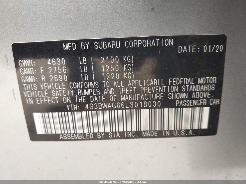2020 Subaru Legacy Sport VIN: 4S3BWAG66L3018030 Lot: 45640786
