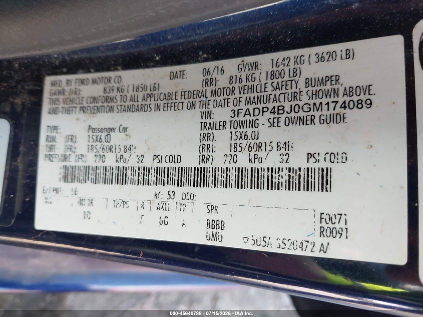 2016 Ford Fiesta Se VIN: 3FADP4BJ0GM174089 Lot: 45640788