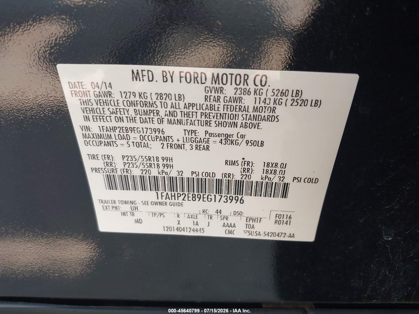 2014 Ford Taurus Sel VIN: 1FAHP2E89EG173996 Lot: 45640799