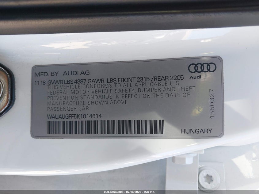 2019 Audi A3 40 Premium/40 Titanium Premium VIN: WAUAUGFF5K1014614 Lot: 45640808