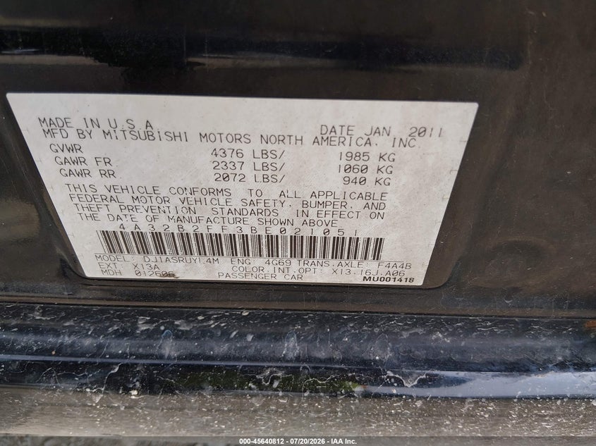 2011 Mitsubishi Galant Fe VIN: 4A32B2FF3BE021051 Lot: 45640812