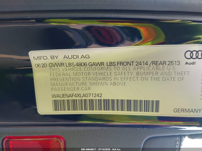 2020 Audi A4 Premium Plus 45 Tfsi Quattro S Tronic VIN: WAUENAF4XLA071242 Lot: 45640817