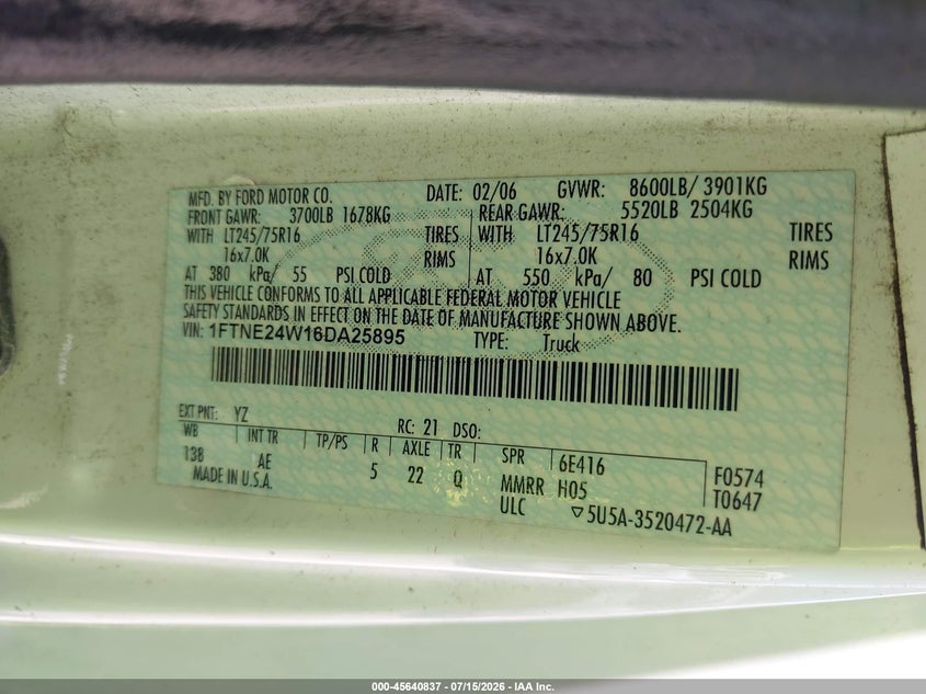 2006 Ford E-250 Commercial/Recreational VIN: 1FTNE24W16DA25895 Lot: 45640837