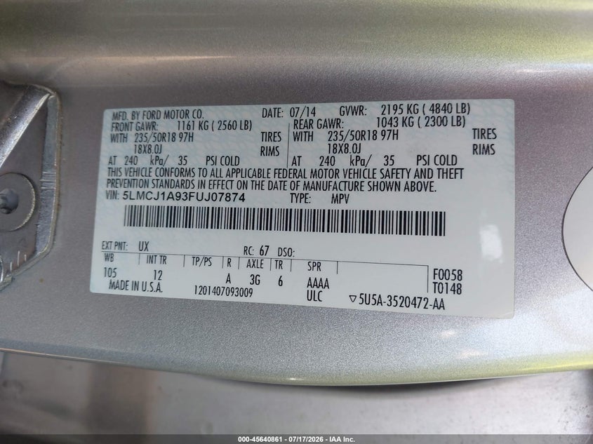 2015 Lincoln Mkc VIN: 5LMCJ1A93FUJ07874 Lot: 45640861