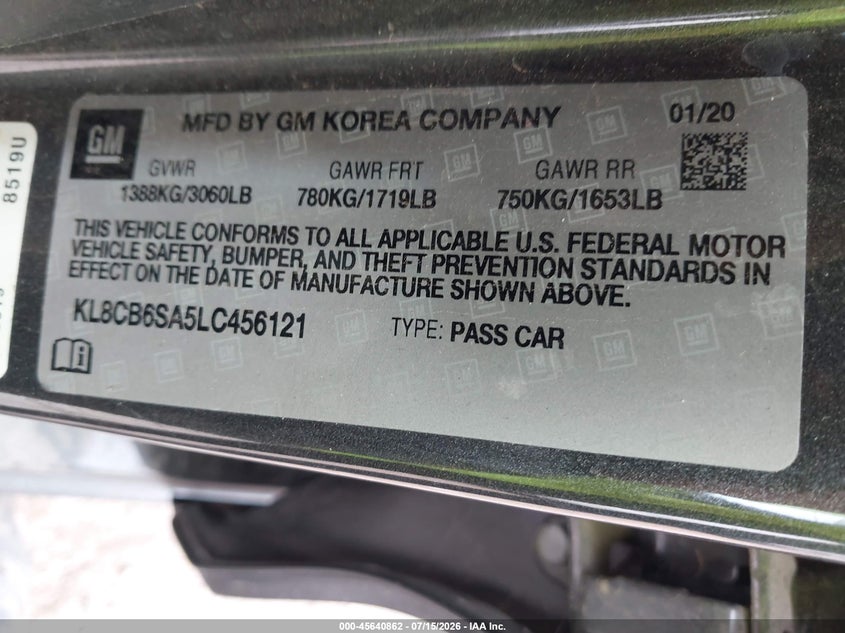 2020 Chevrolet Spark Fwd Ls Automatic VIN: KL8CB6SA5LC456121 Lot: 45640862