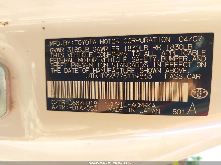 2007 Toyota Yaris VIN: JTDJT923775119863 Lot: 45640864