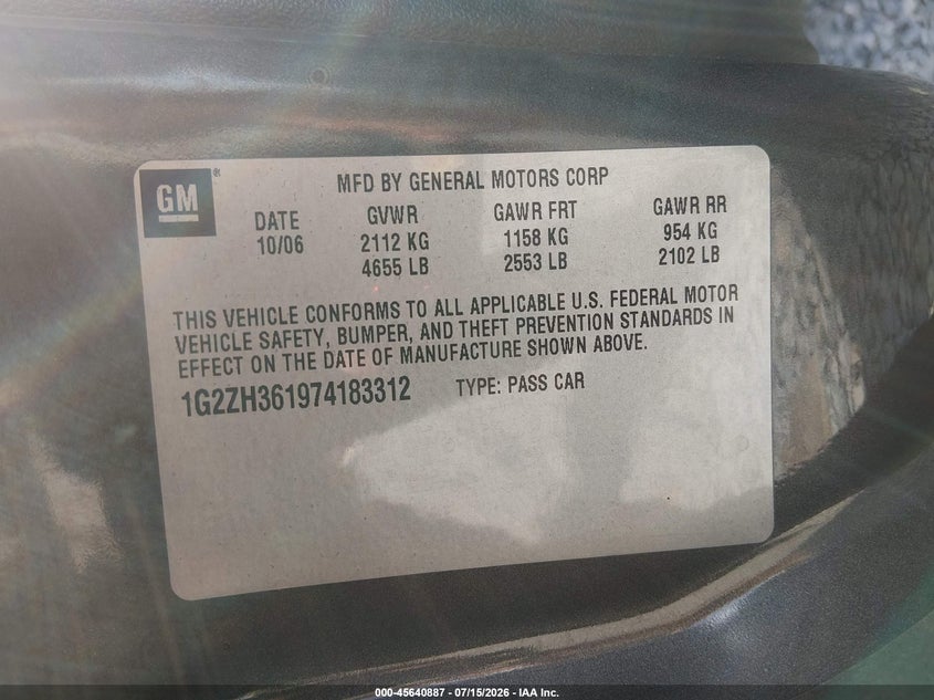 2007 Pontiac G6 Gt VIN: 1G2ZH361974183312 Lot: 45640887