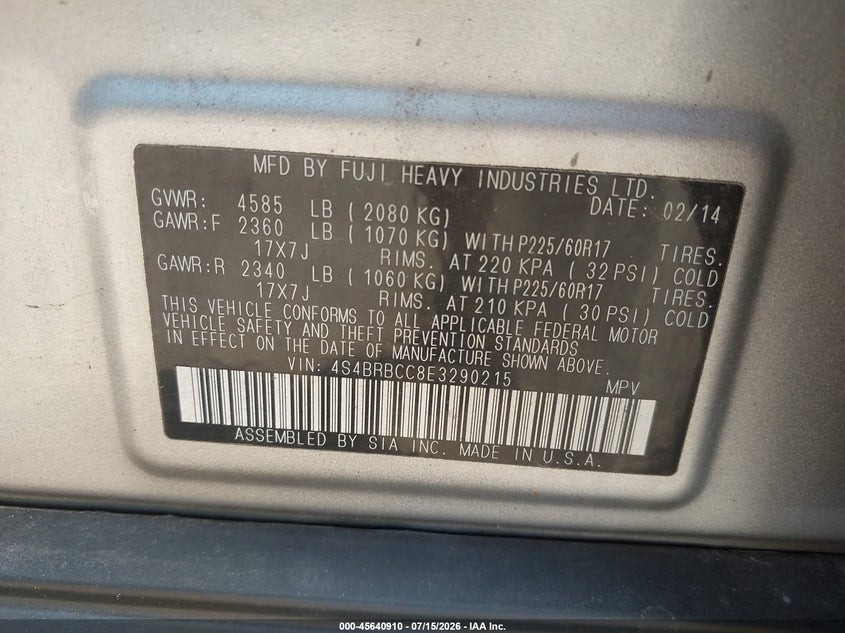 2014 Subaru Outback 2.5I Premium VIN: 4S4BRBCC8E3290215 Lot: 45640910