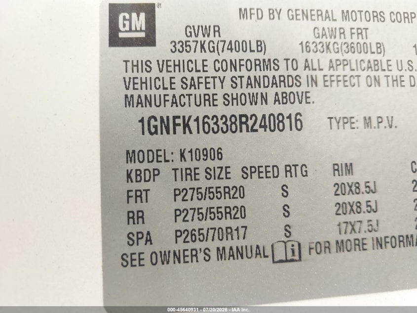 2008 Chevrolet Suburban 1500 Ltz VIN: 1GNFK16338R240816 Lot: 45640931